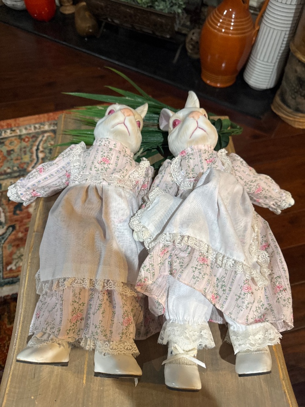 2 VTG 18”bunnies in cotton & lace dresses. Porcelain head, hands & feet.